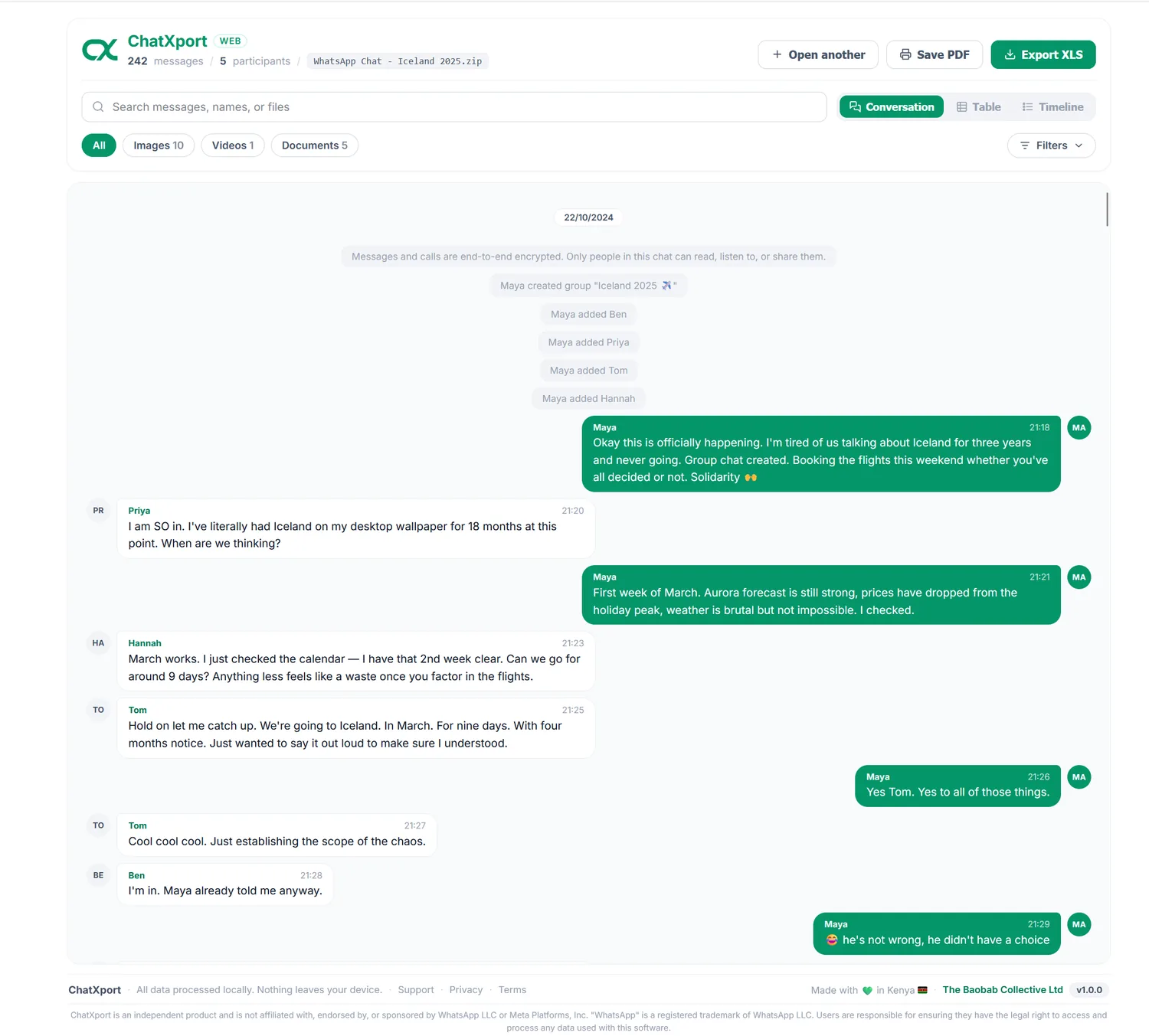 The same WhatsApp export opened in ChatXport, laid out as a conversation with each participant on their own side, dates grouped, and message times shown.