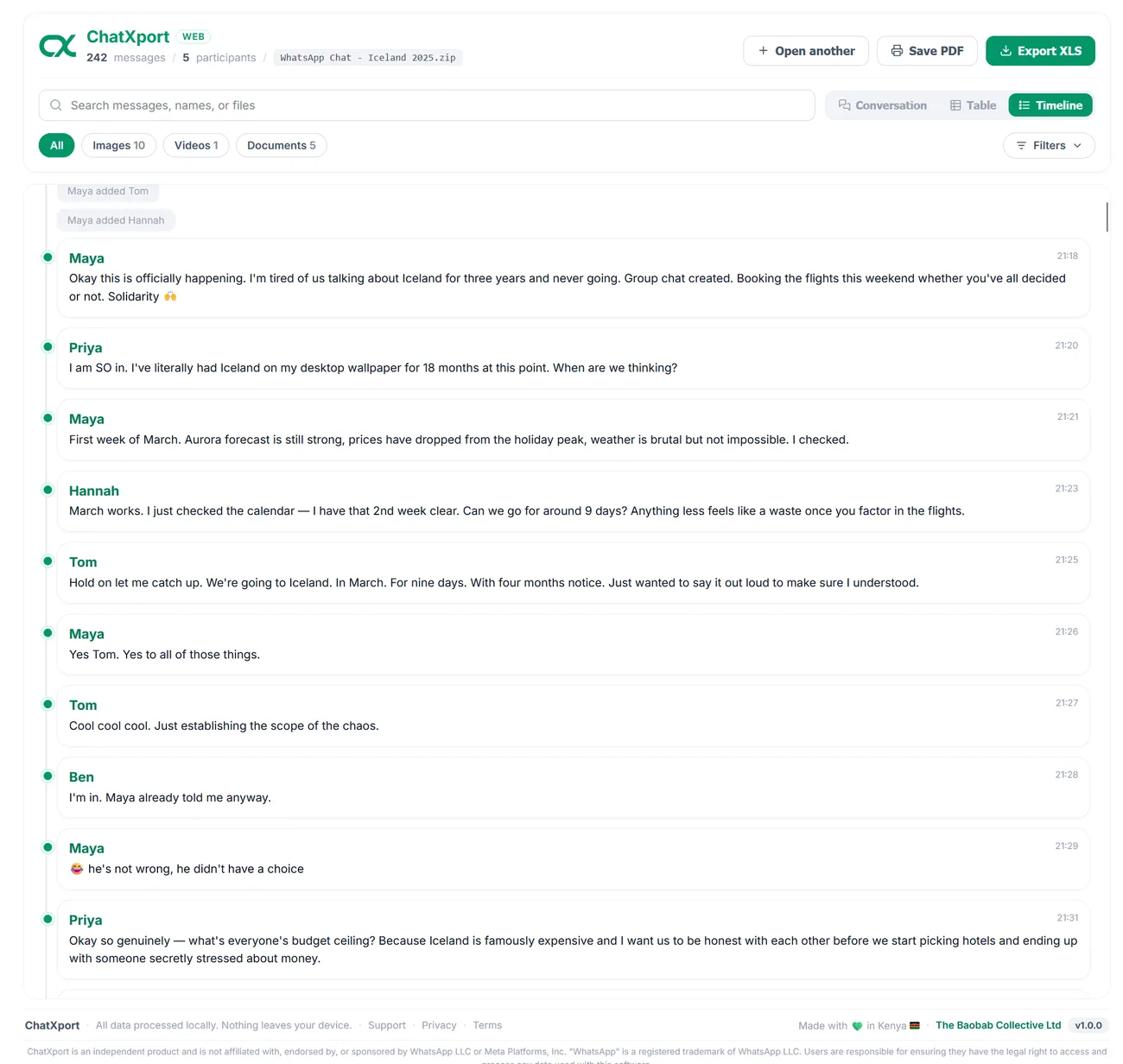 ChatXport timeline view showing messages in chronological sequence along a vertical line with sender names and times.