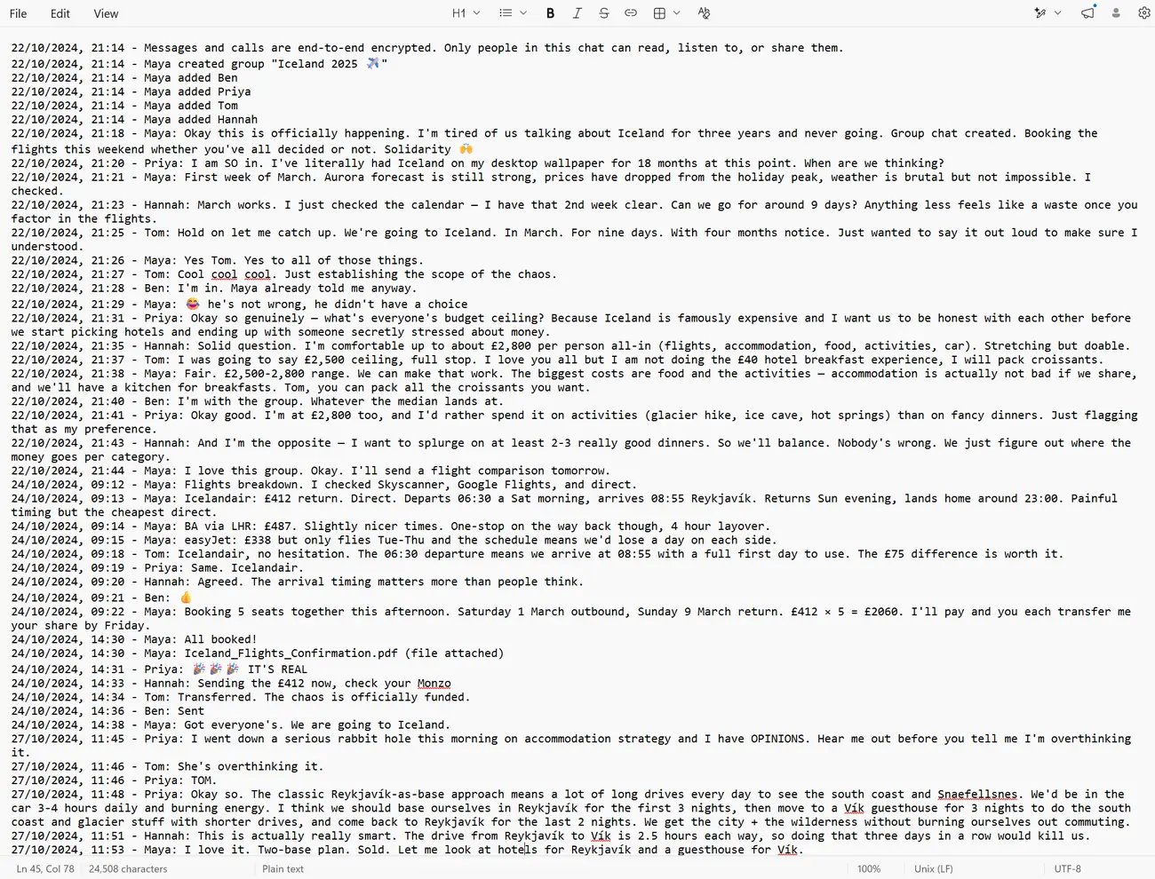 A WhatsApp _chat.txt export open in a text editor, showing an unbroken stream of timestamped lines with no separation between speakers.